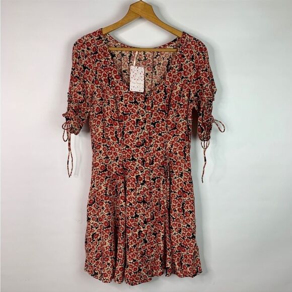 Free People Floral Laced Up Skater Mini Dress In Red/Black - Picture 6 of 11
